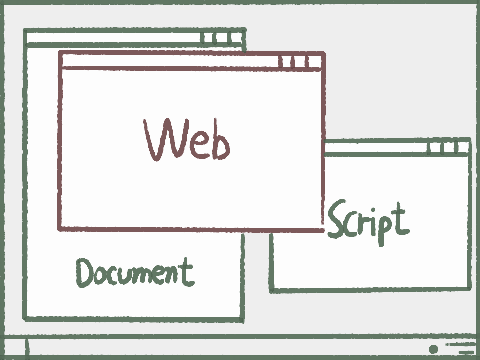 컴퓨터 화면에 document, script, web이라는 창이 떠있는데, web 창이 맨 위에 올라와있는 모습