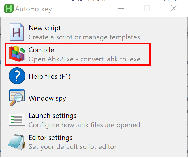 새 창에 보이는 New script, Compile, Help Files, Window spy, Launch settings, Editor settings 버튼